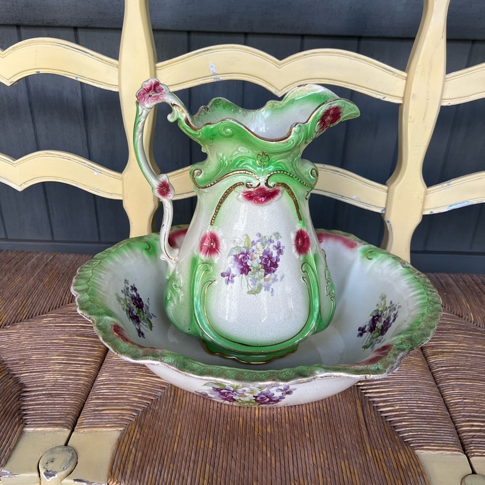 Antique Green Handpainted Floral Pitcher & Washbowl Set